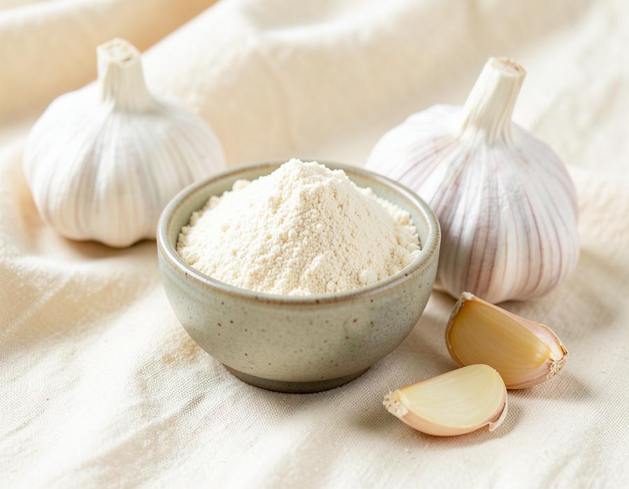 Garlic powder in a ceramic bowl with garlic bulbs and cloves