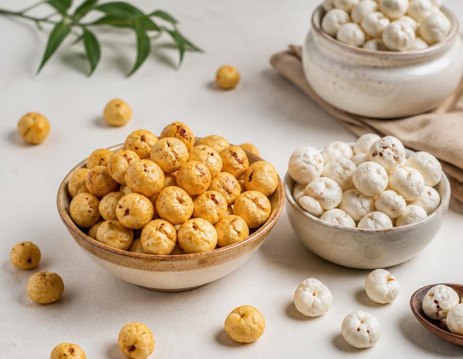 Roasted and raw Indian makhana fox nuts in ceramic bowls