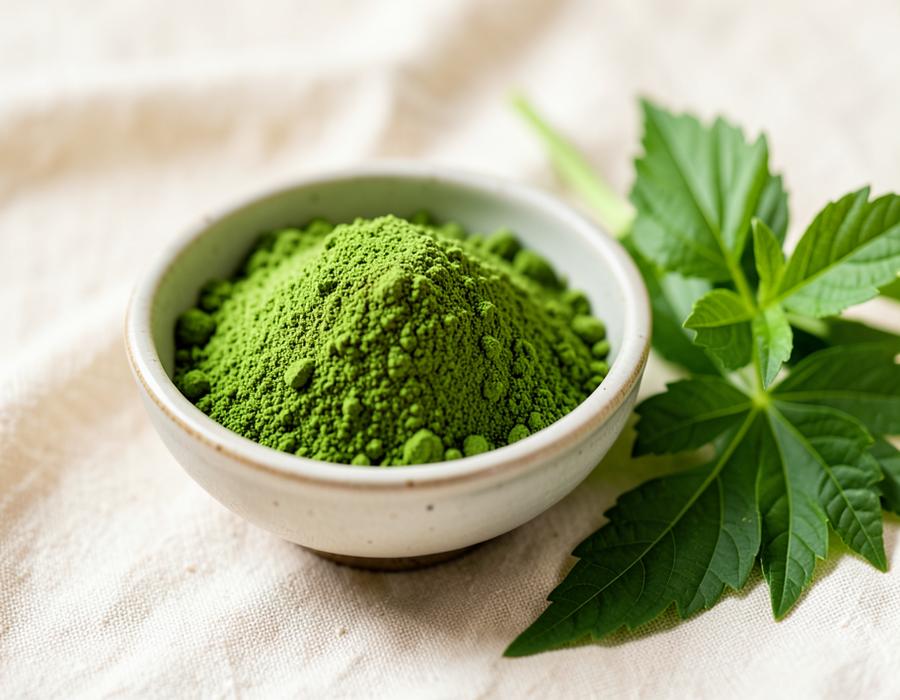 Indian moringa leaf powder in a ceramic bowl with fresh moringa leaves