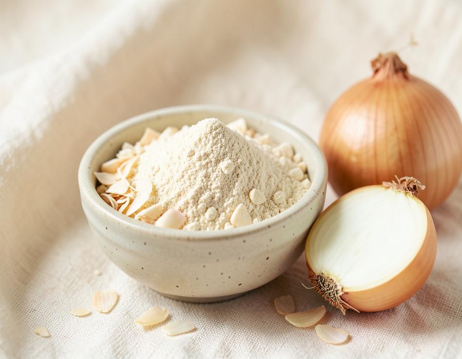 Dehydrated onion powder in a ceramic bowl with onion flakes and fresh onions